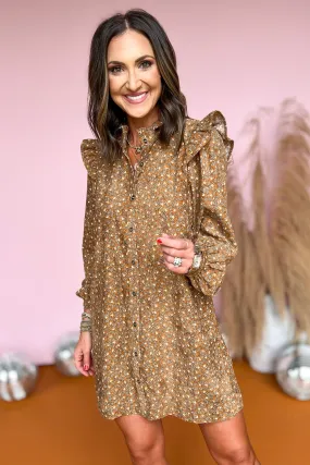 Brown Print Frilled Neck Ruffle Shoulder Detail Button Up Dress