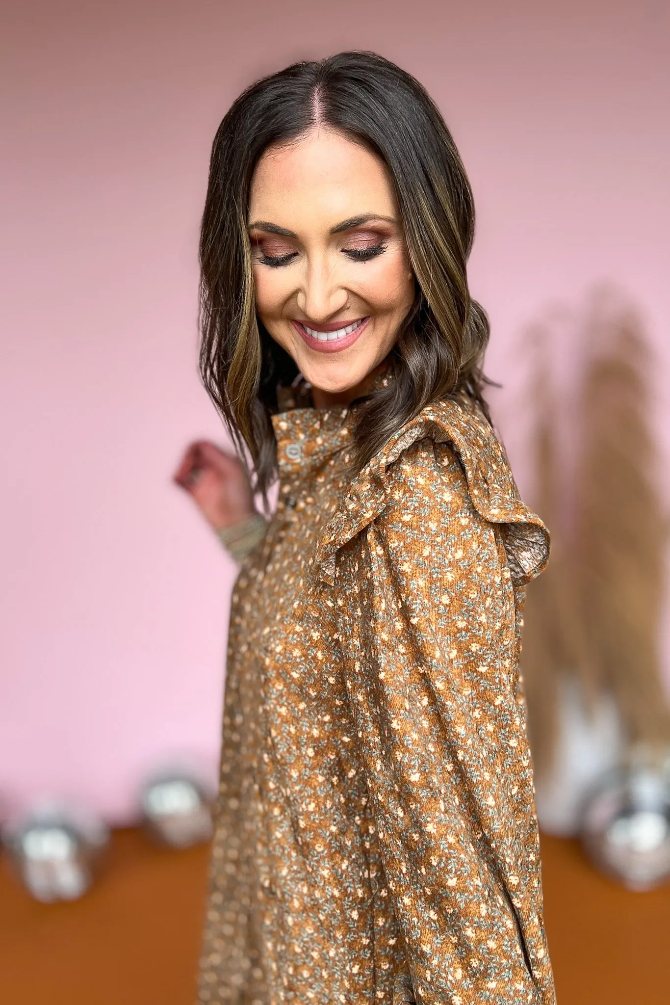 Brown Print Frilled Neck Ruffle Shoulder Detail Button Up Dress
