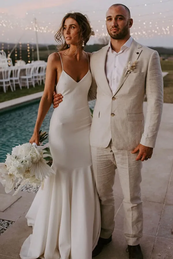 Classic Spaghetti Straps V-Neck Beach Simple Mermaid Wedding Dress TN362