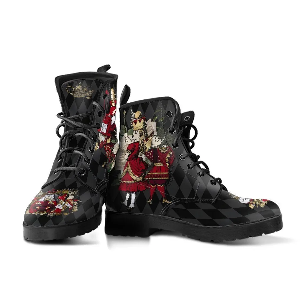 Combat Boots - Alice in Wonderland Gifts #33| Women's Black Hipster Boots, Vegan Leather Lace Up Boots, Handmade Lace Up Boots, Custom Shoes