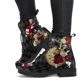 Combat Boots - Alice in Wonderland Gifts #33| Women's Black Hipster Boots, Vegan Leather Lace Up Boots, Handmade Lace Up Boots, Custom Shoes