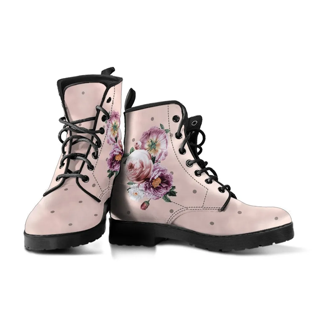 Combat Boots - Beautiful Flowers #13 Pink | Blush Pink Flat Shoes, Vegan Leather Lace Up Boots Women, Handmade Lace Up Boots, Custom Shoes