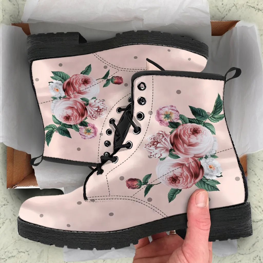 Combat Boots - Beautiful Flowers #13 Pink | Blush Pink Flat Shoes, Vegan Leather Lace Up Boots Women, Handmade Lace Up Boots, Custom Shoes