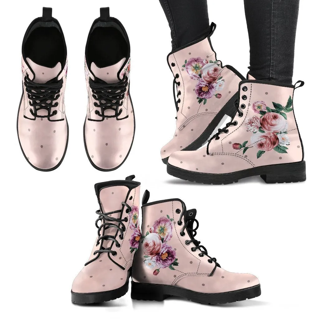 Combat Boots - Beautiful Flowers #13 Pink | Blush Pink Flat Shoes, Vegan Leather Lace Up Boots Women, Handmade Lace Up Boots, Custom Shoes