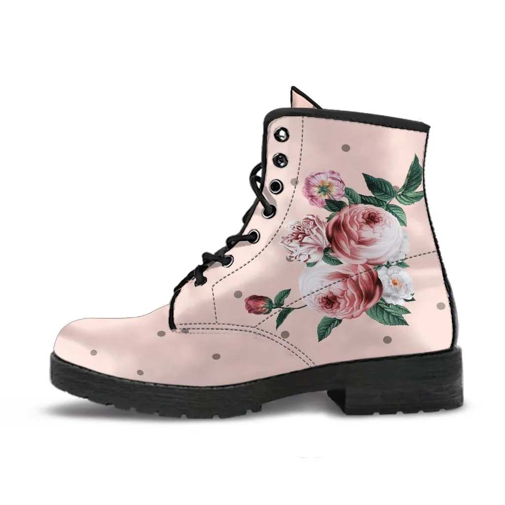 Combat Boots - Beautiful Flowers #13 Pink | Blush Pink Flat Shoes, Vegan Leather Lace Up Boots Women, Handmade Lace Up Boots, Custom Shoes