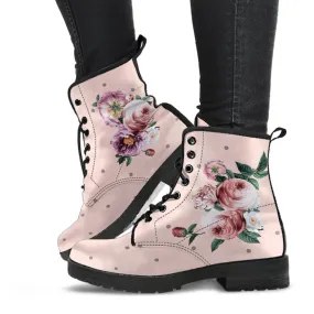 Combat Boots - Beautiful Flowers #13 Pink | Blush Pink Flat Shoes, Vegan Leather Lace Up Boots Women, Handmade Lace Up Boots, Custom Shoes