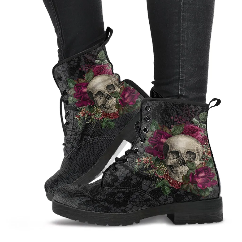 Combat Boots - Goth Shoes #24 | Gothic Lace, Skulls and Roses, Women's Black Hipster Boots, Vegan Leather, Women's Boots