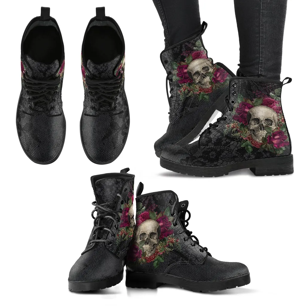 Combat Boots - Goth Shoes #24 | Gothic Lace, Skulls and Roses, Women's Black Hipster Boots, Vegan Leather, Women's Boots