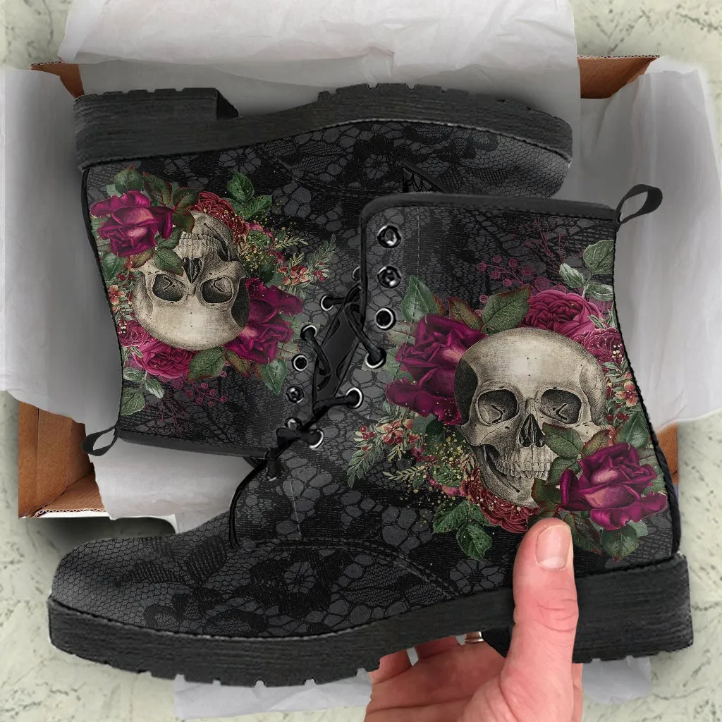 Combat Boots - Goth Shoes #24 | Gothic Lace, Skulls and Roses, Women's Black Hipster Boots, Vegan Leather, Women's Boots