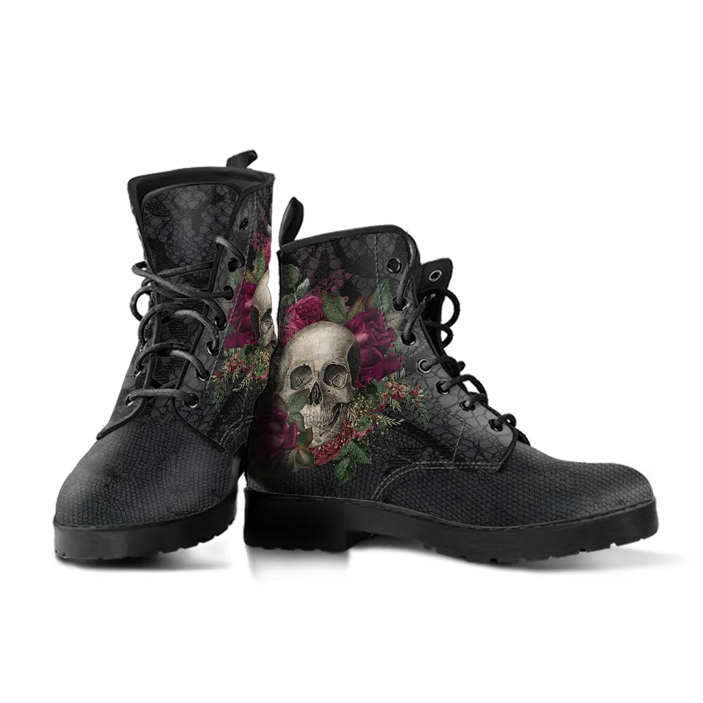 Combat Boots - Goth Shoes #24 | Gothic Lace, Skulls and Roses, Women's Black Hipster Boots, Vegan Leather, Women's Boots
