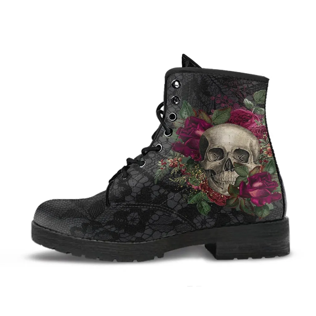 Combat Boots - Goth Shoes #24 | Gothic Lace, Skulls and Roses, Women's Black Hipster Boots, Vegan Leather, Women's Boots