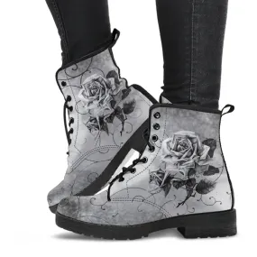 Combat Boots - Vintage Style Black & White Roses | Vegan Leather Lace Up Boots, Handmade Lace Up Boots, Women's Boots, Custom Shoes