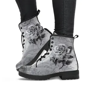 Combat Boots - Vintage Style Black & White Roses | Vegan Leather Lace Up Boots, Women's Boots