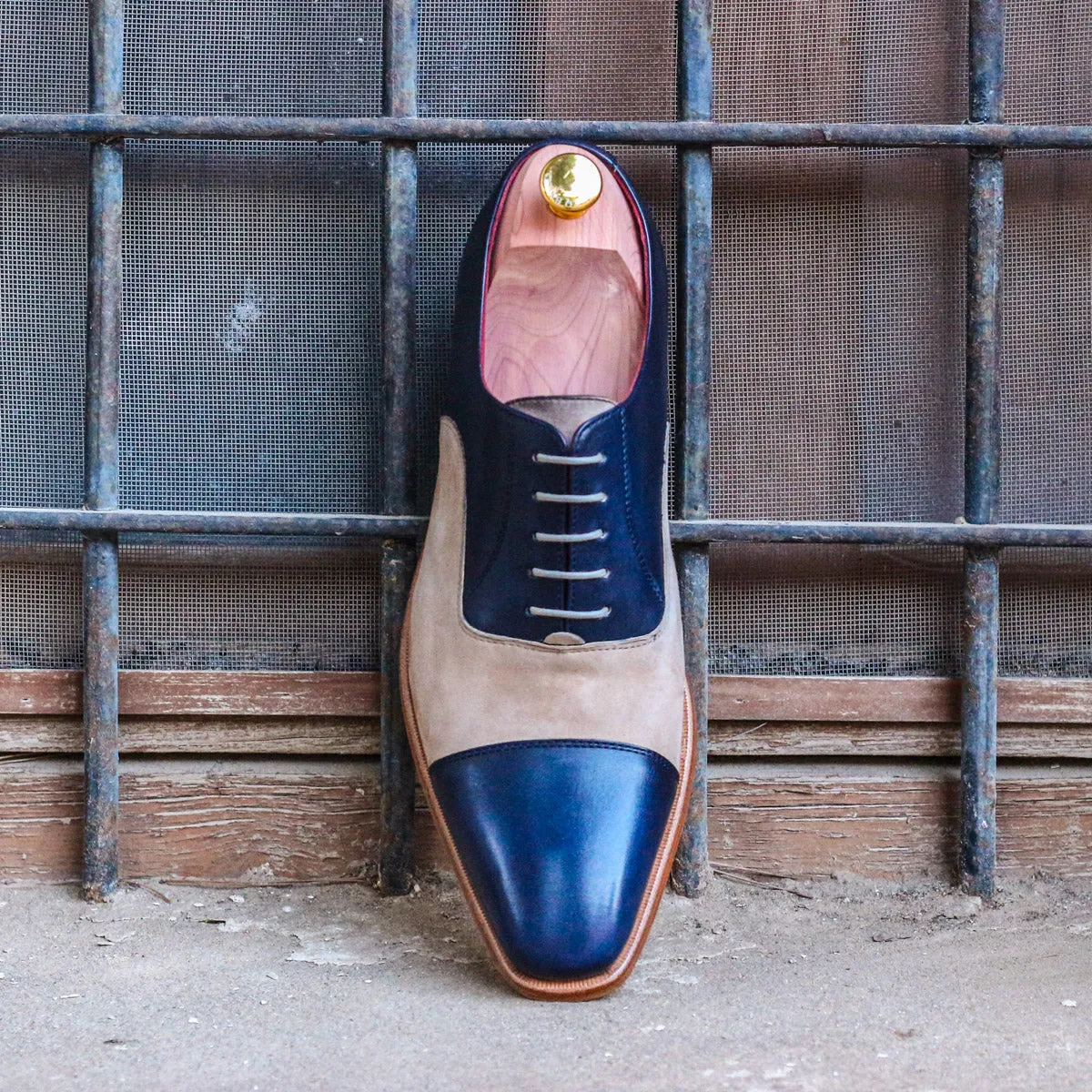 DapperFam Rafael in Navy / Sand Men's Lux Suede & Italian Leather Oxford