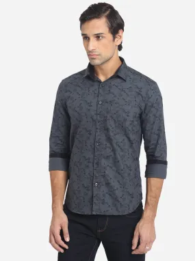 Dark Grey Printed Slim Fit Semi Casual Shirt | Greenfibre