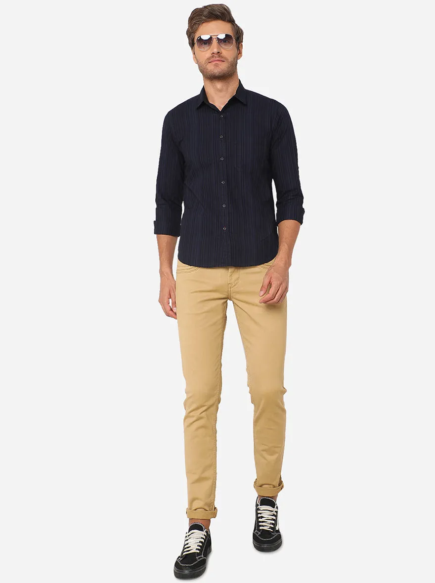 Indigo Blue Striped Slim Fit Semi Casual Shirt | Greenfibre