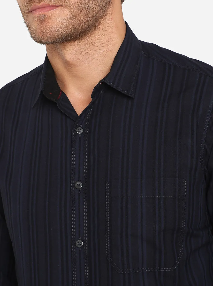 Indigo Blue Striped Slim Fit Semi Casual Shirt | Greenfibre