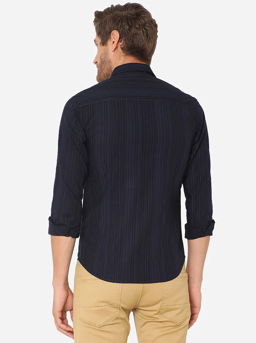 Indigo Blue Striped Slim Fit Semi Casual Shirt | Greenfibre