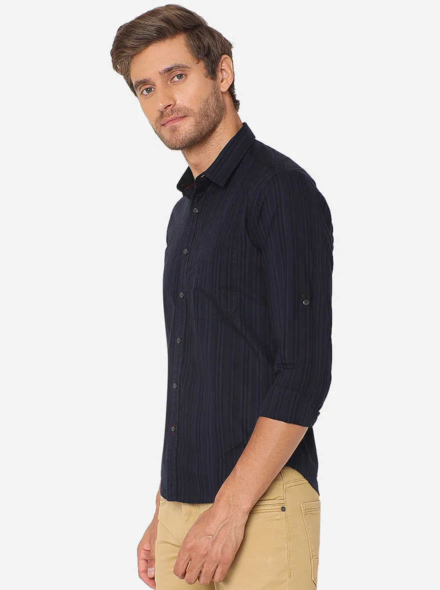 Indigo Blue Striped Slim Fit Semi Casual Shirt | Greenfibre