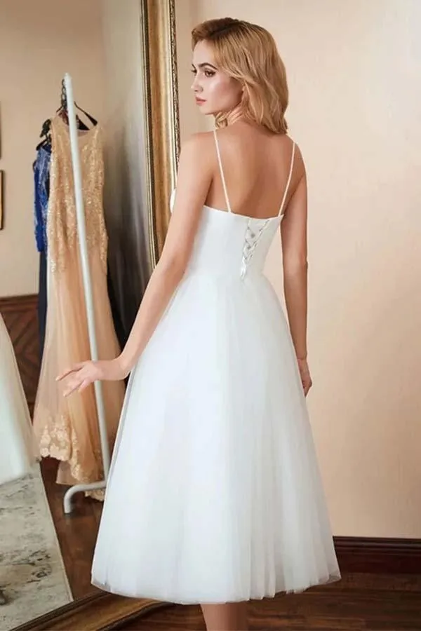 Ivory A-line Tulle Spaghetti Straps Short Wedding Dresses, Wedding Gown TN304