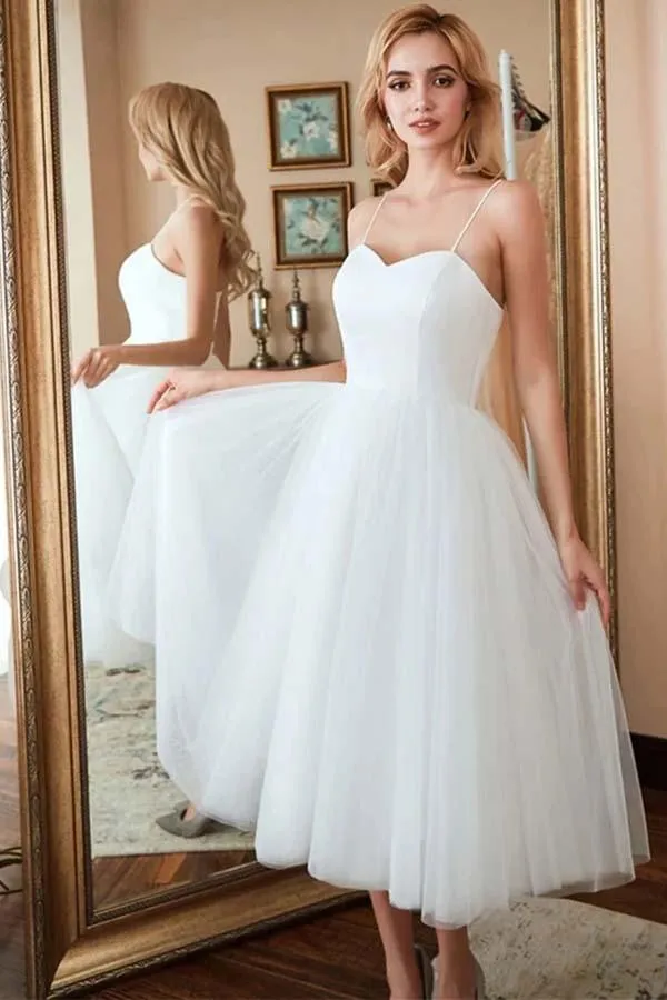Ivory A-line Tulle Spaghetti Straps Short Wedding Dresses, Wedding Gown TN304