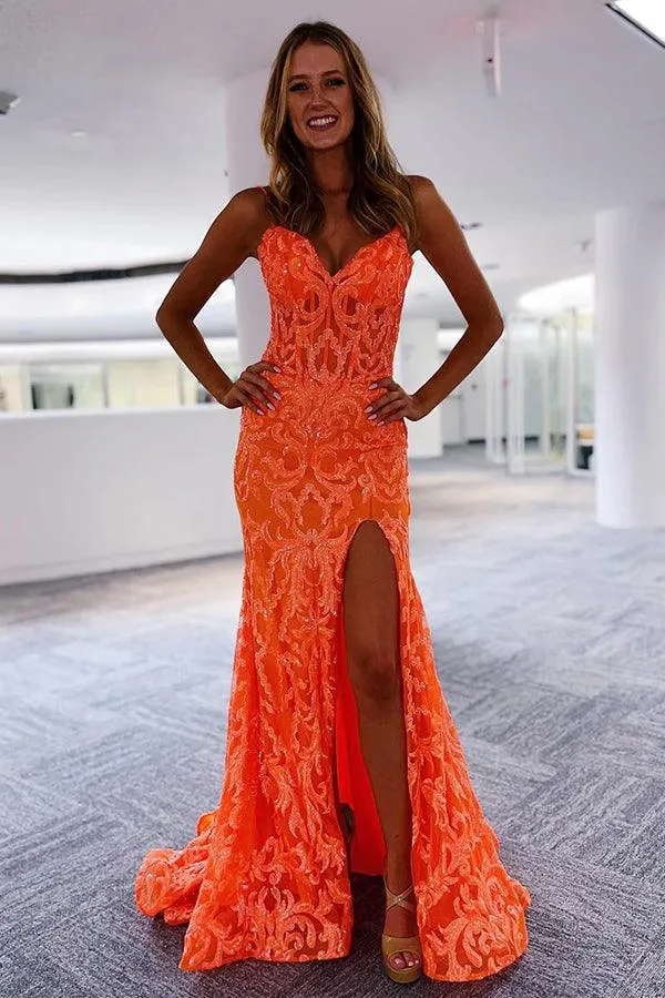 Mermaid V Neck Glitter Slit Orange Split Prom Formal Dress TP1207