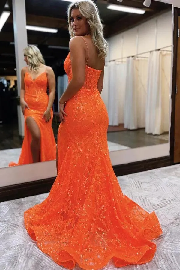 Mermaid V Neck Glitter Slit Orange Split Prom Formal Dress TP1207