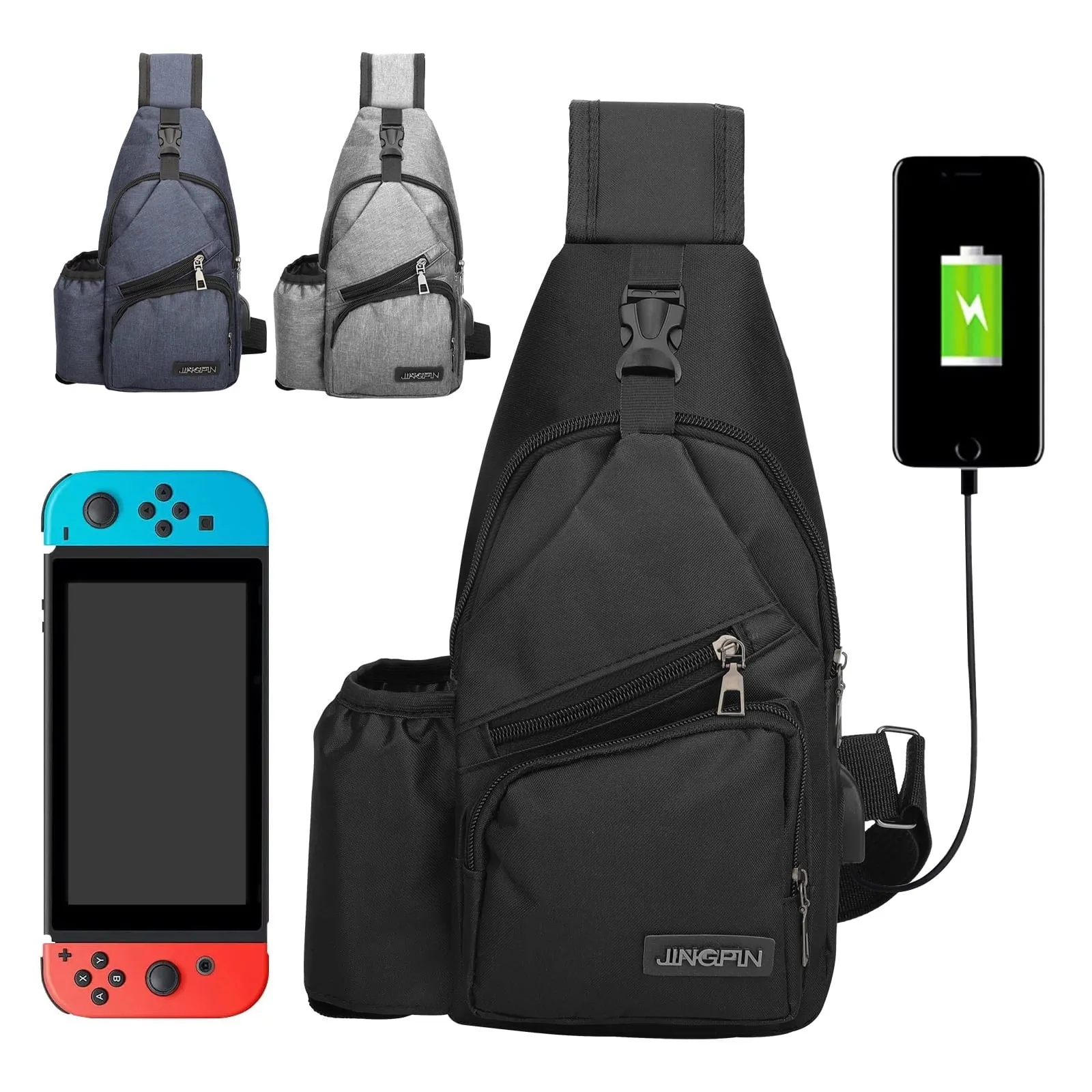 Waterproof Sling Backpack Chest Bag with USB Charging Hole for Hiking or Travel