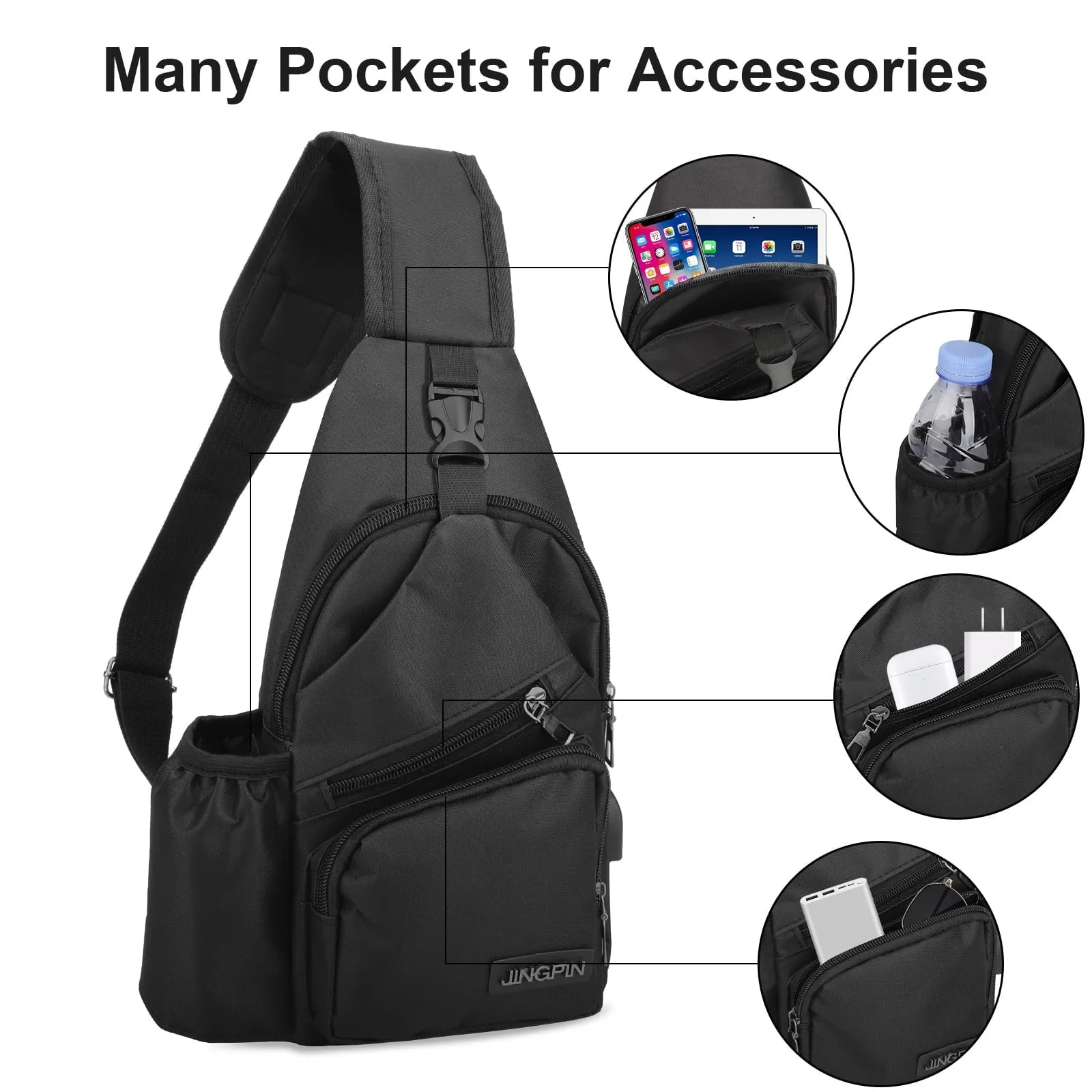 Waterproof Sling Backpack Chest Bag with USB Charging Hole for Hiking or Travel