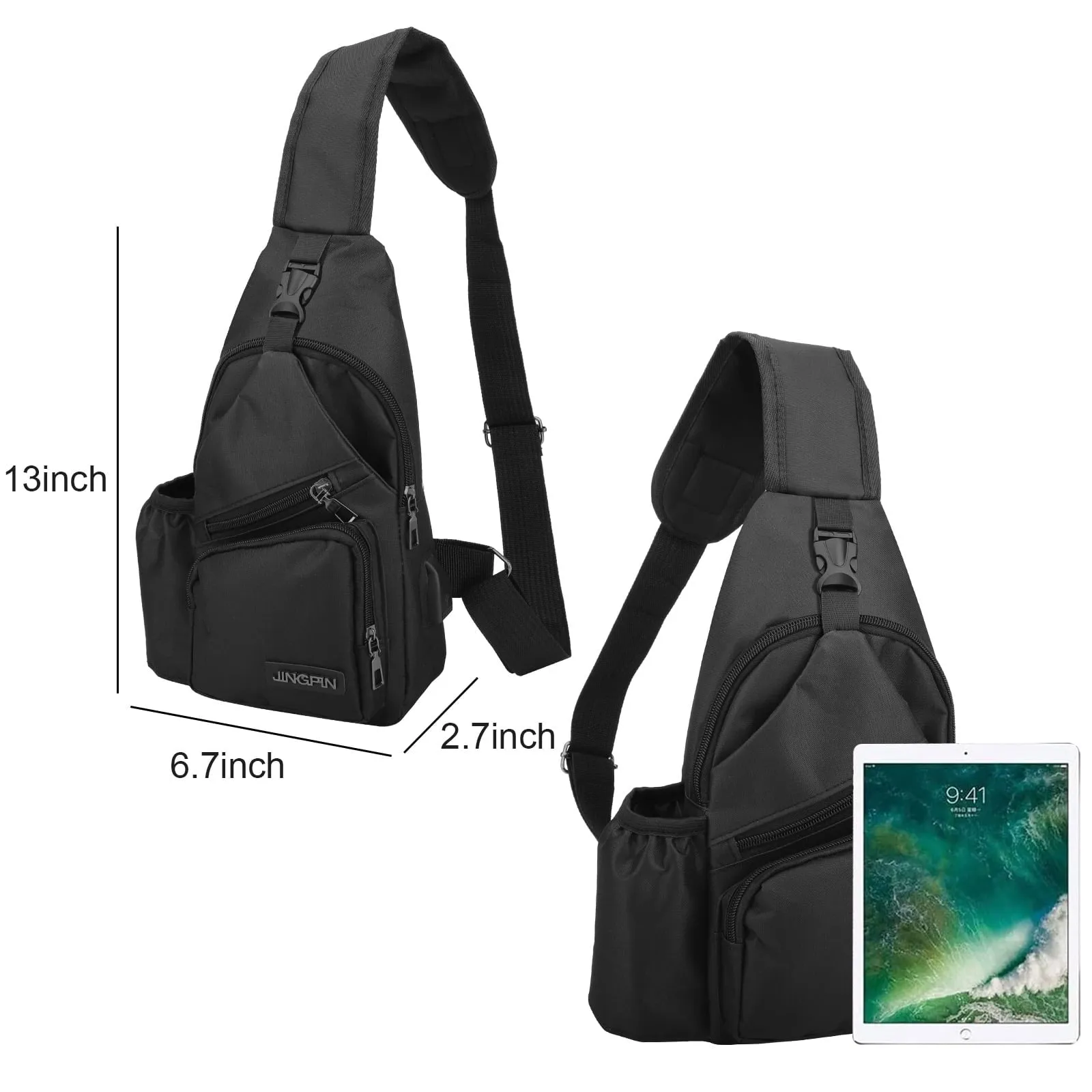 Waterproof Sling Backpack Chest Bag with USB Charging Hole for Hiking or Travel